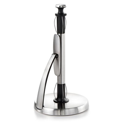 stainless steel paper towel holder designed to hold paper towels vertically.