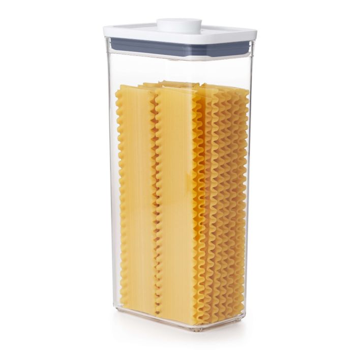 tall pop container filled with lasagna noodles.