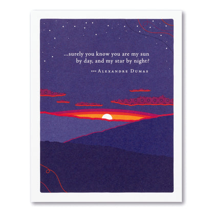 front of card is a drawing of sunset and text