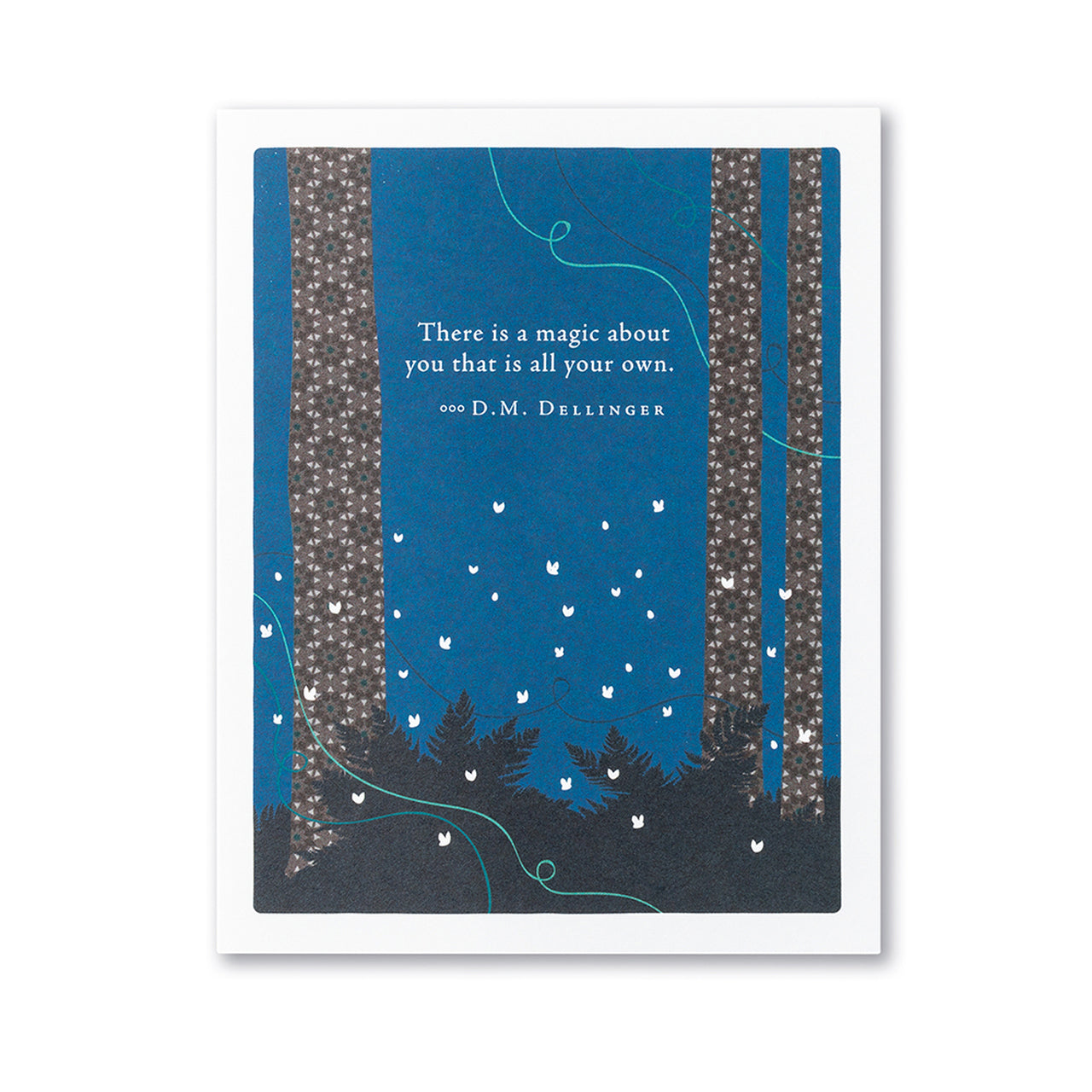 front is a starry night with tree trunks and text