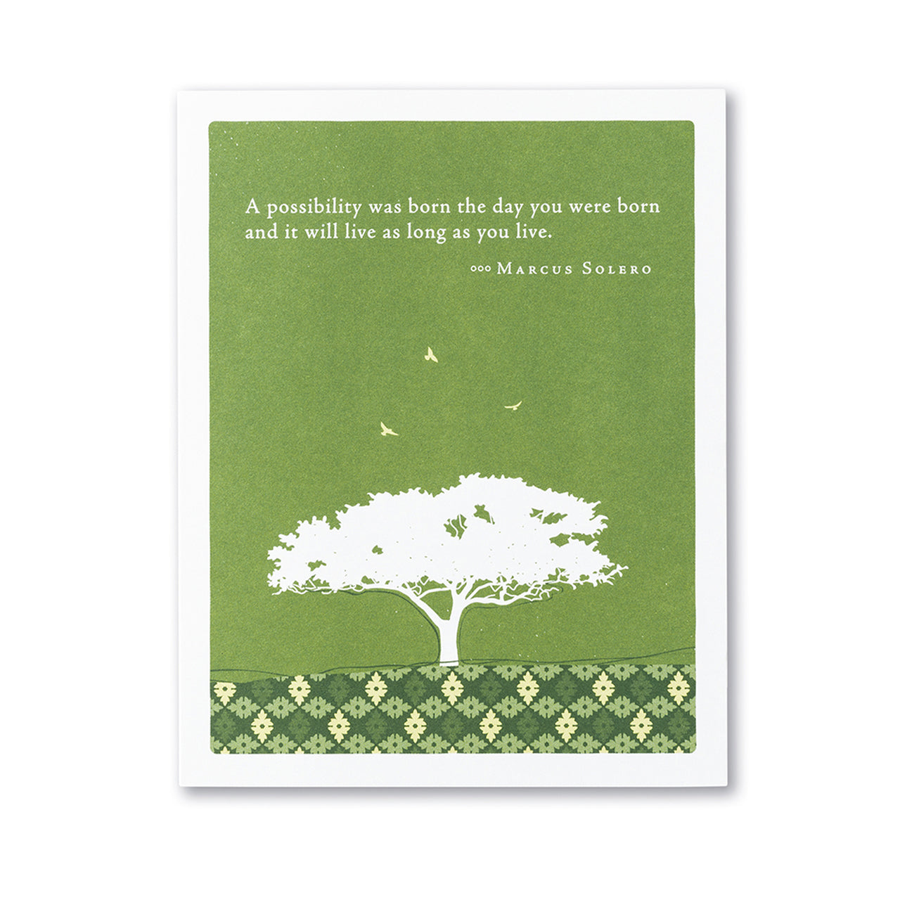 front card is a tree with birds flying and text