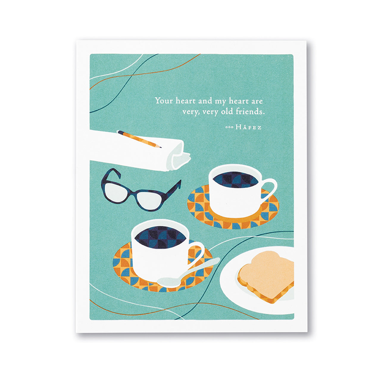 front is scene of morning coffee for two with text