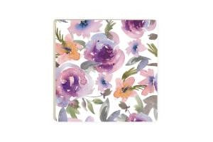 coaster is white with large purple flowers all over and displayed on a white background