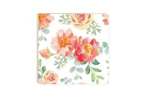 white coaster with pink, dark pink flowers and leaves all over and displayed on a white background