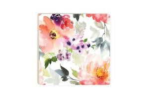 white coaster has large pink, purple, and blue flowers all over and displayed on a white background