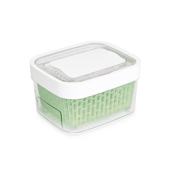 greensaver with white lid, clear base, and green insert.