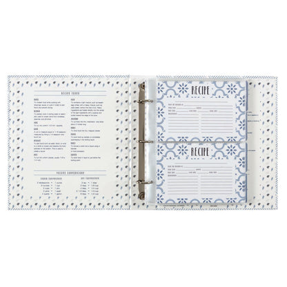 true blue recipe book opened on a white background