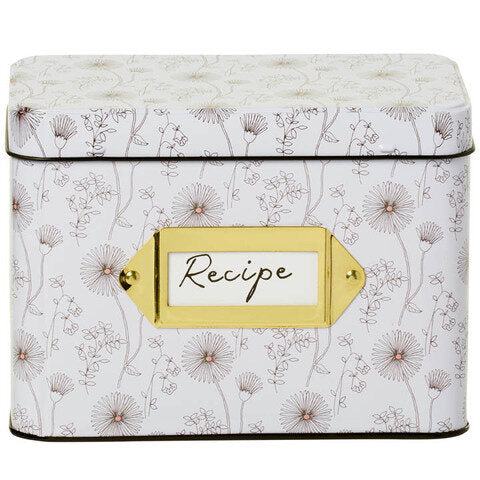 the day and night blush tin recipe box with brass label holder against a white background