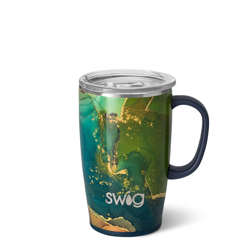 18 ounce riverstone travel mug with swirls of teal, green, and gold on a white background