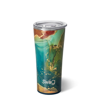 22 ounce riverstone travel tumbler with teal, green, gold, red, and tan against a white background