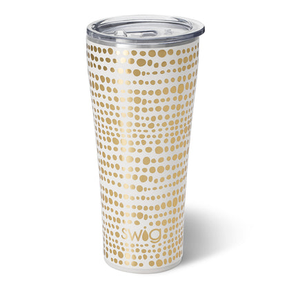Glamazon white mug with gold dot pattern on a white background.