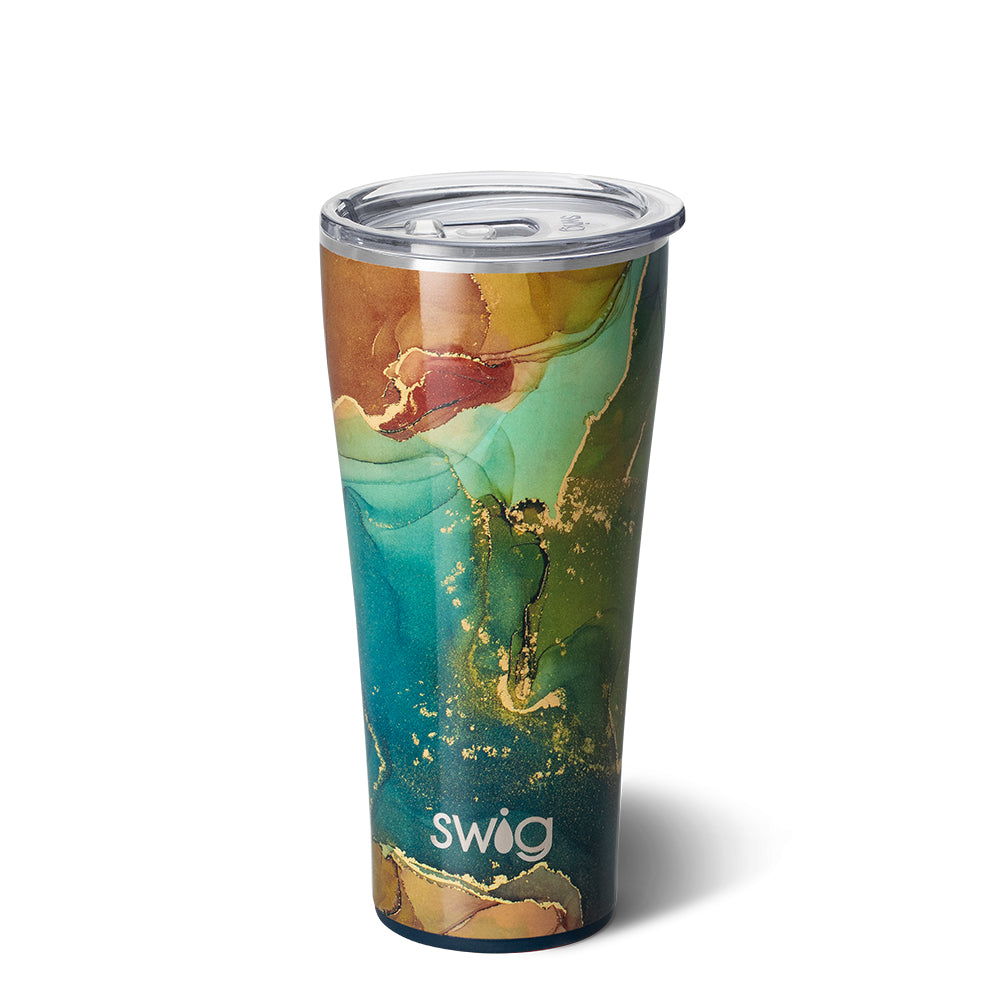 32 ounce riverstone travel tumbler with swirls of red, yellow, teal, gold, green, and tan against a white background