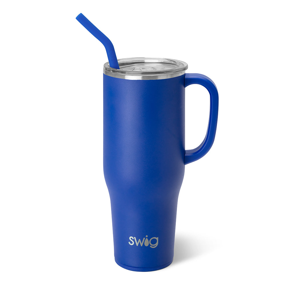 royal blue mega mug with lid and blue straw displayed on a white background