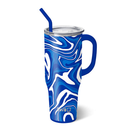 fanzone royal mega mug has white, dark blue, and light blue swirls all over with lid and blue straw on a white background