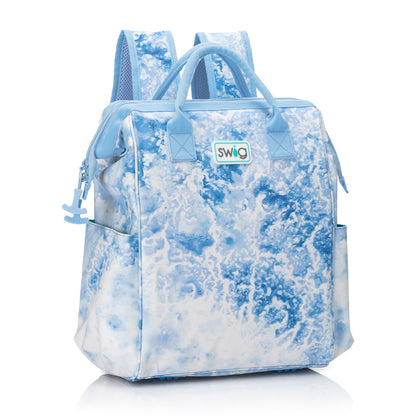 insulated backpack with blue and white water design on a white background.