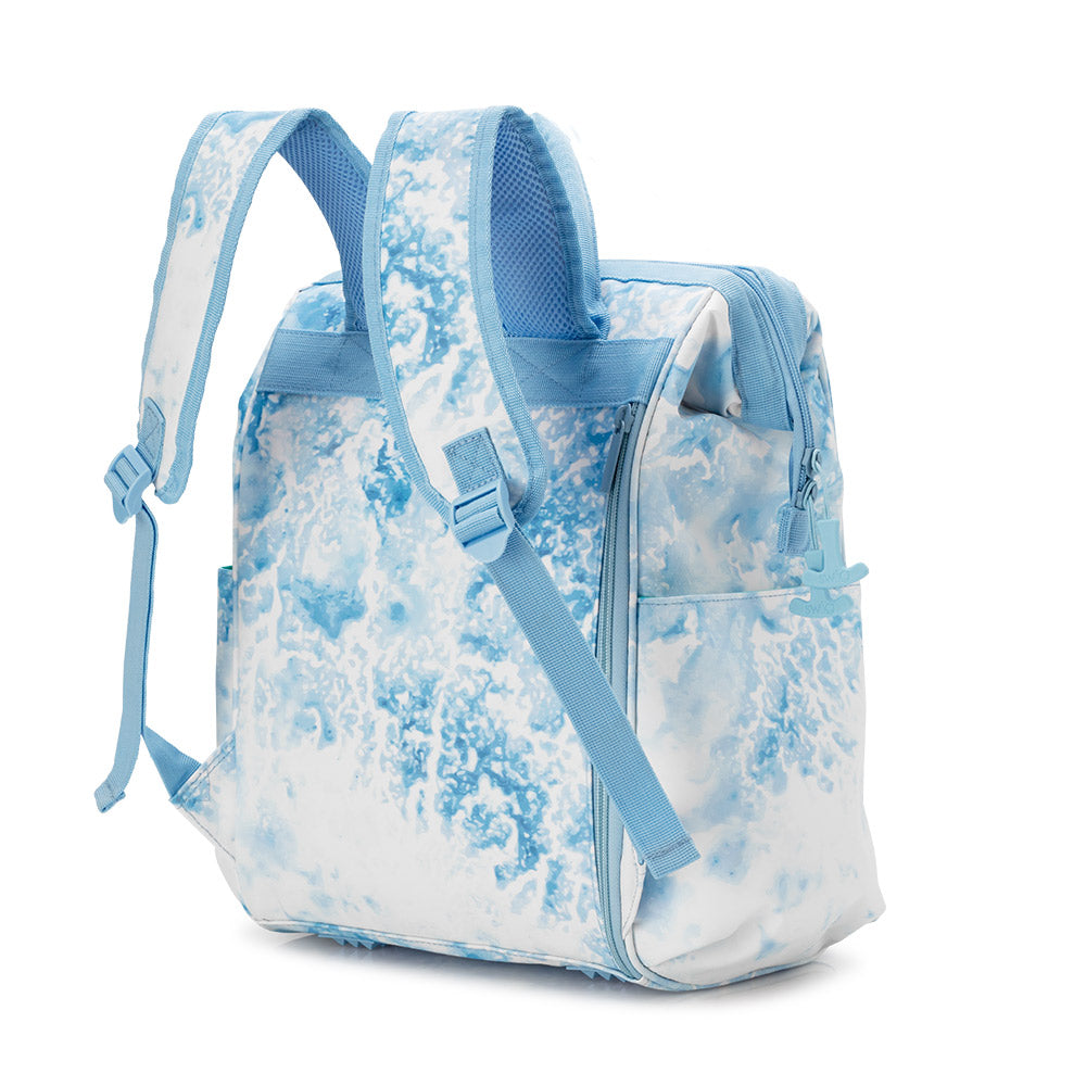 back view of backpack showing shoulder straps on white background.