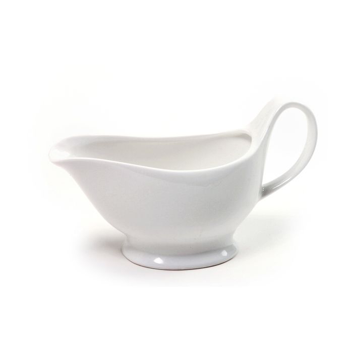 white gravy boat with wide spout and large handle.
