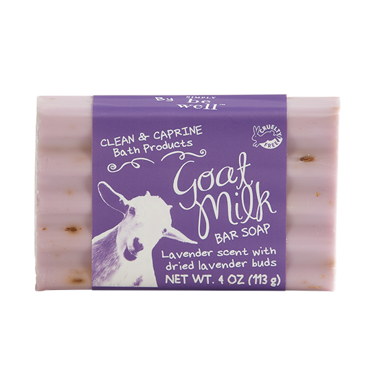 bar of soap with purple paper wrapper on white background. wrapper has image of a goat's face in bottom left corner, the text "clean & caprine bath products" in top corner, and "goat milk bar soap" in center.