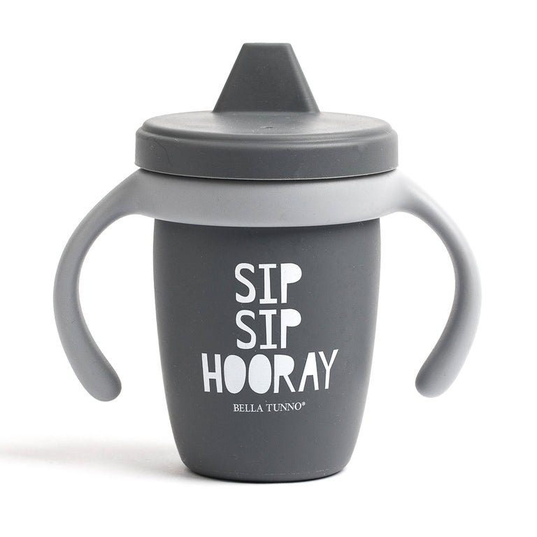 happy sippy cup with quote "sip sip hooray" on a white background