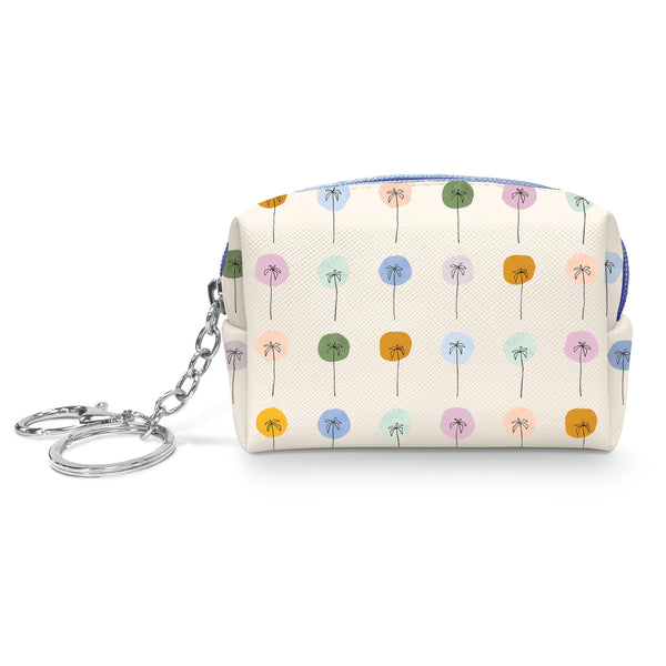 small zipper pouch with cream background and all-over palm tree design in blues, greens, and oranges. pouch has 1.5 inch chain on zipper pull with key ring and claw clip attached on the end.
