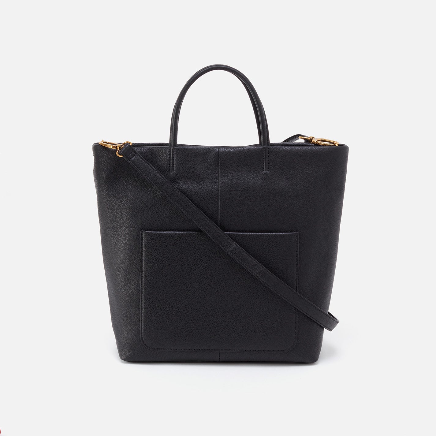black tote bag with handles and strap.