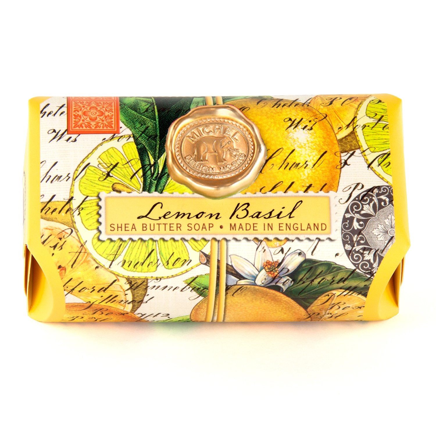 lemon basil shea butter bar soap in package on a white background