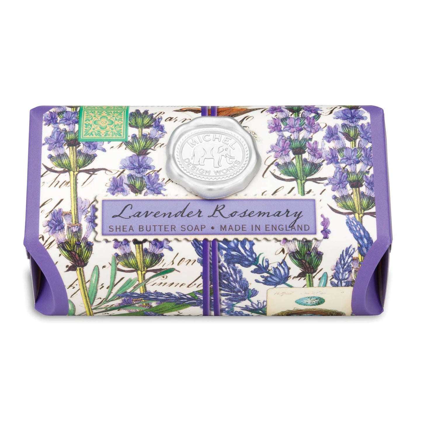 lavender rosemary shea butter bar soap in package on a white background