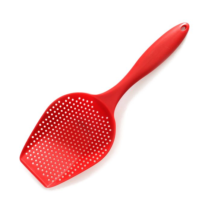 red scoop with holes for draining.