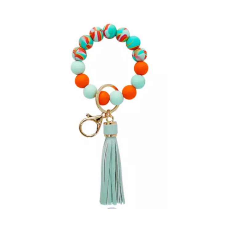 colorful silicone beaded bracelet with mint tassel.