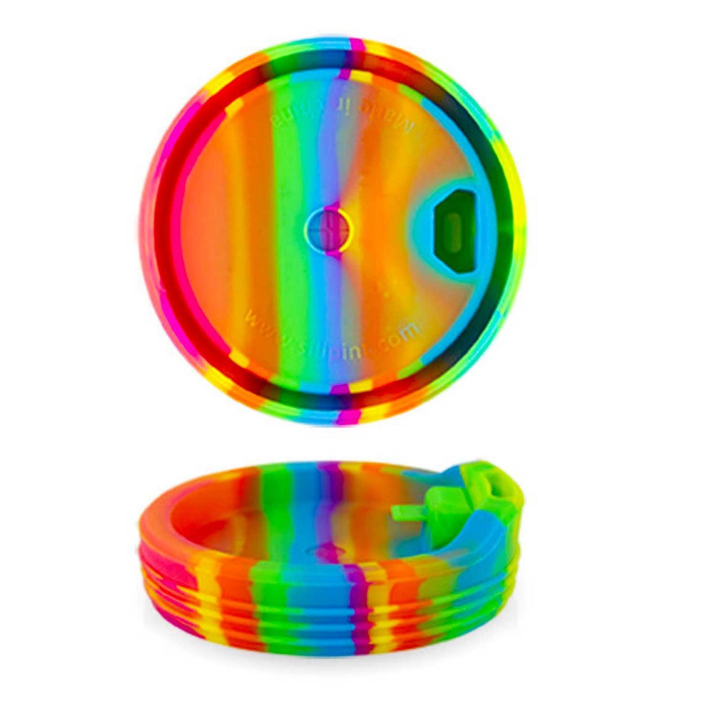 top and side view of rainbow cup lid on white background.