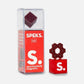 box packaging of specks with words "spectacularly magnetic" on it and a flower shape made from red magnetic balls on a small acrylic stand on a white background.