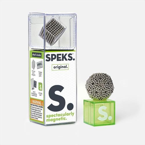 box packaging of specks with words "spectacularly magnetic" on it and a star shape made from silver magnetic balls on a small acrylic stand on a white background.