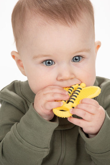 a baby boy chewing on the bee brush toothbrush teether against a white background