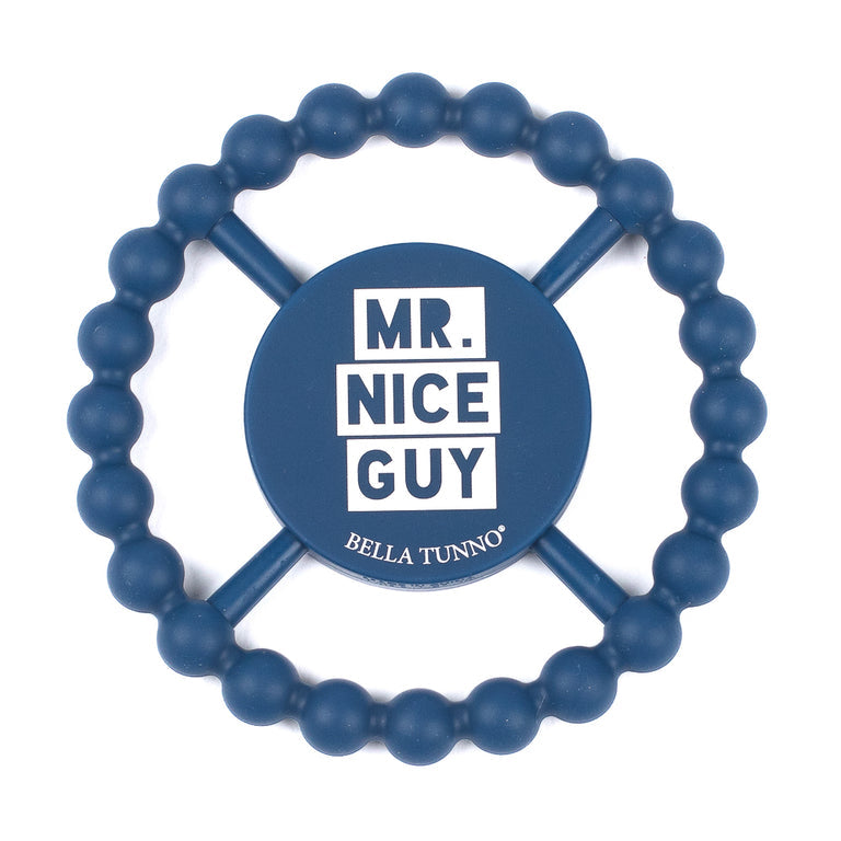 teether with quote "mr nice guy" on a white background