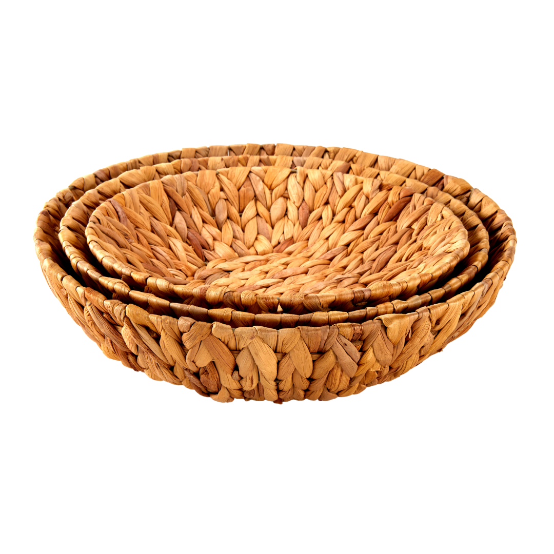 small, medium, and large woven baskets stacked together.