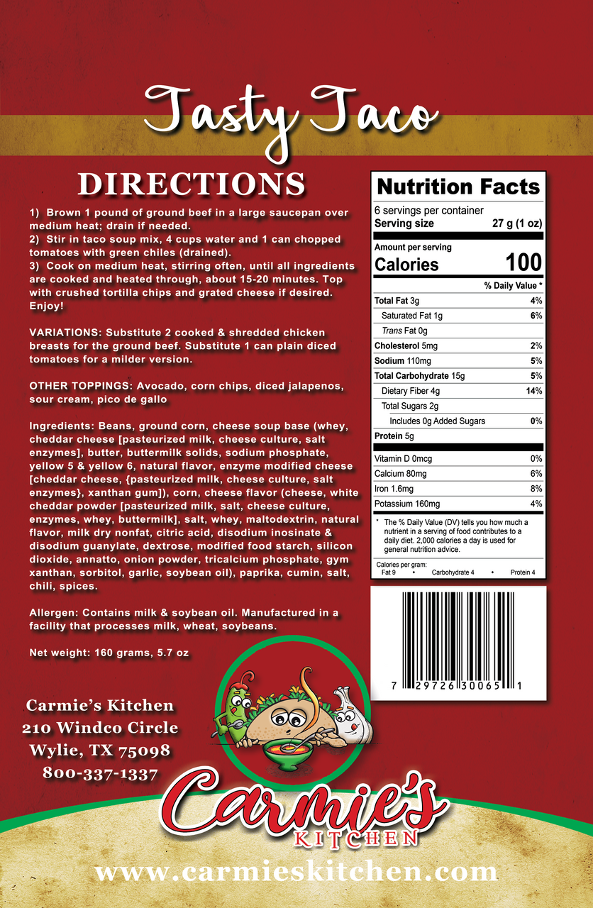 Nutrition facts and ingredients on the back of the package. For more information call 501-327-2182.