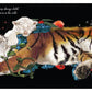 next set of pages are black with a sleeping tiger surrounded by red flowers and white text