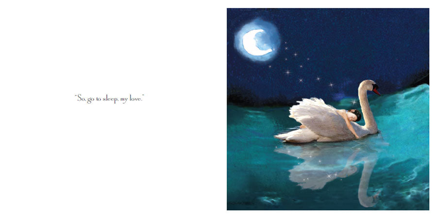 inside view of book has one page white with text and the other with illustration of a girl sleeping on the back of a swan in a lake under the night sky