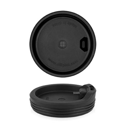 top and side view of black cup lid on white background.