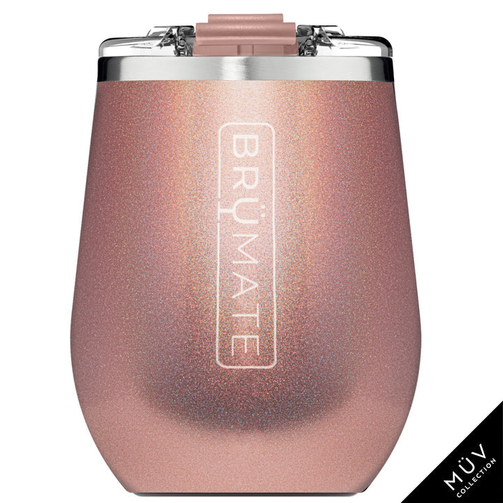 glitter rose gold uncorked wine tumbler on a white background
