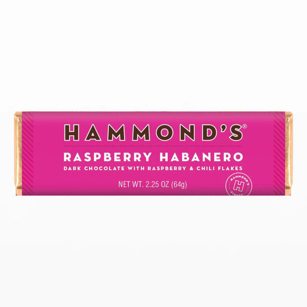 Raspberry Habanero Dark Chocolate Candy Bar wrapped in a bright pink wrapper on a white background.