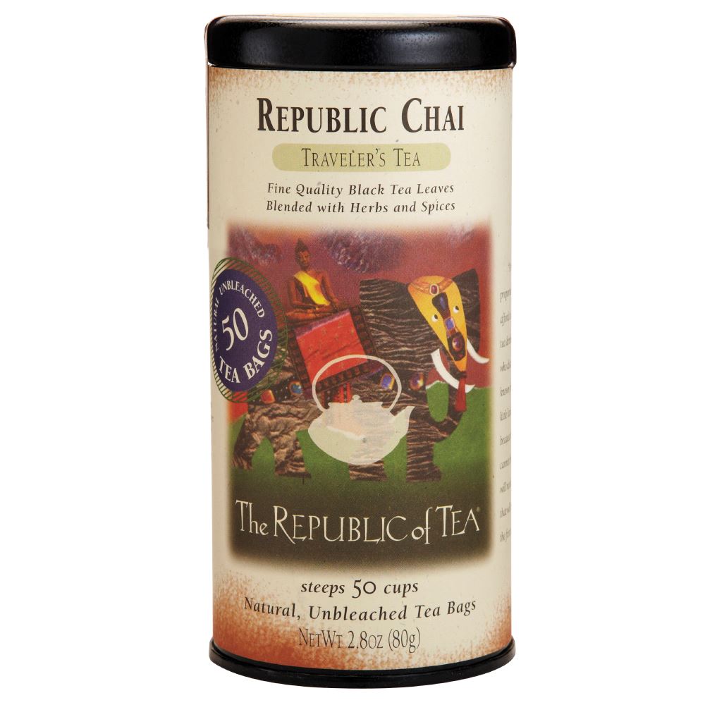 republic chai black tea canister on a white background