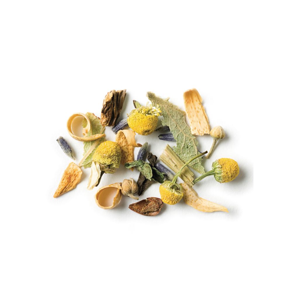 chamomile lemon full leaf herbal tea scattered on a white background