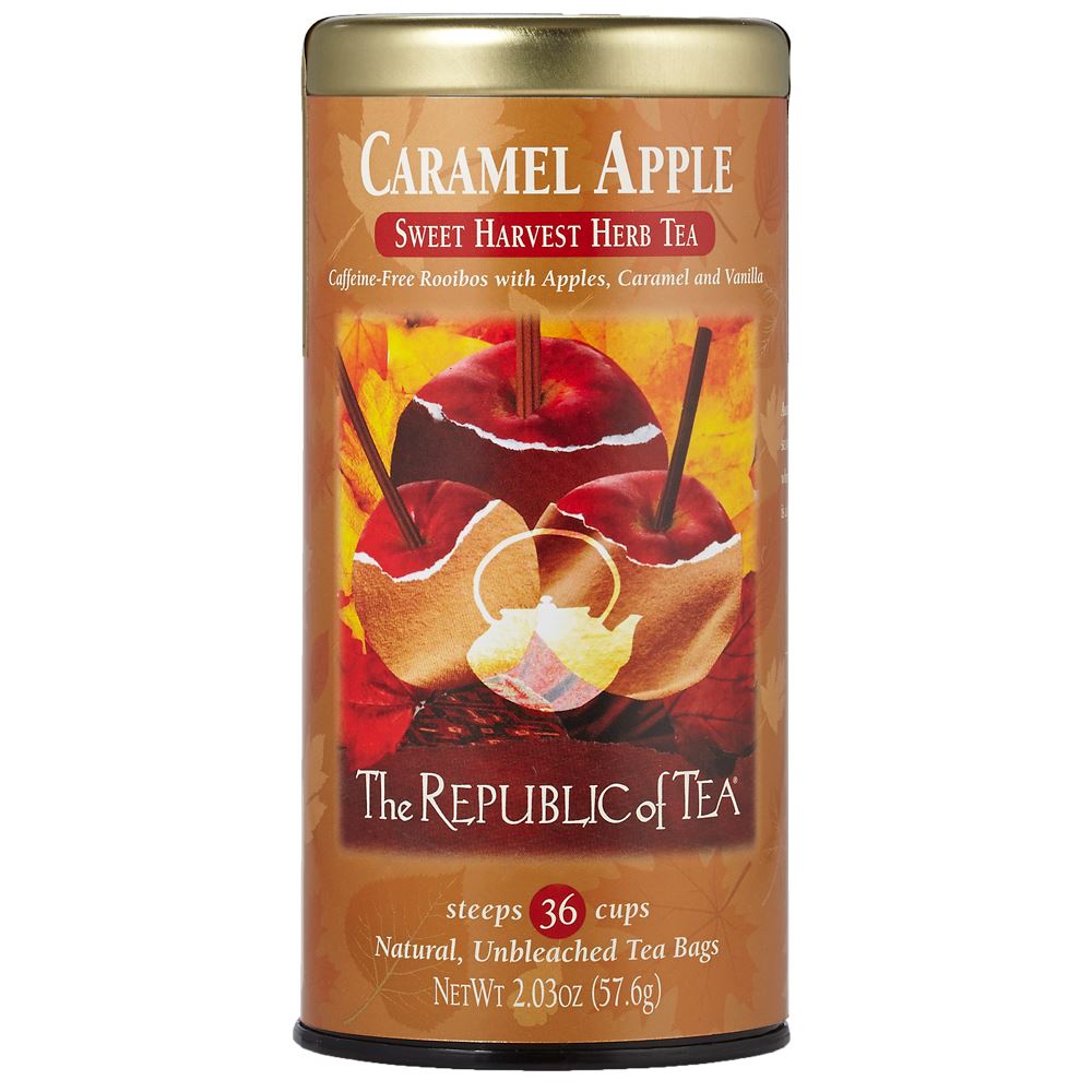 caramel apple rooibos tea canister on a white background