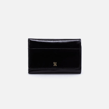front view of the black jill trifold wallet on a white background