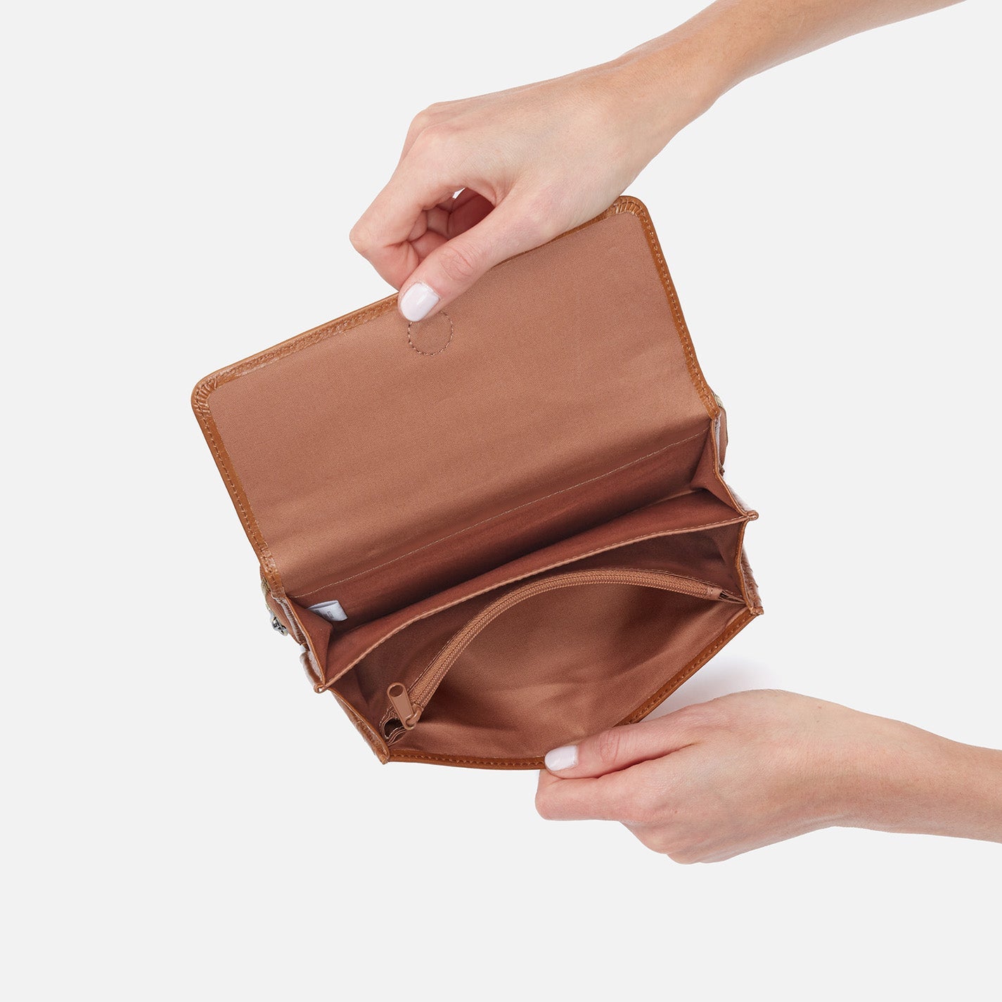 interior view of wallet compartments of truffle rubie crossbody.