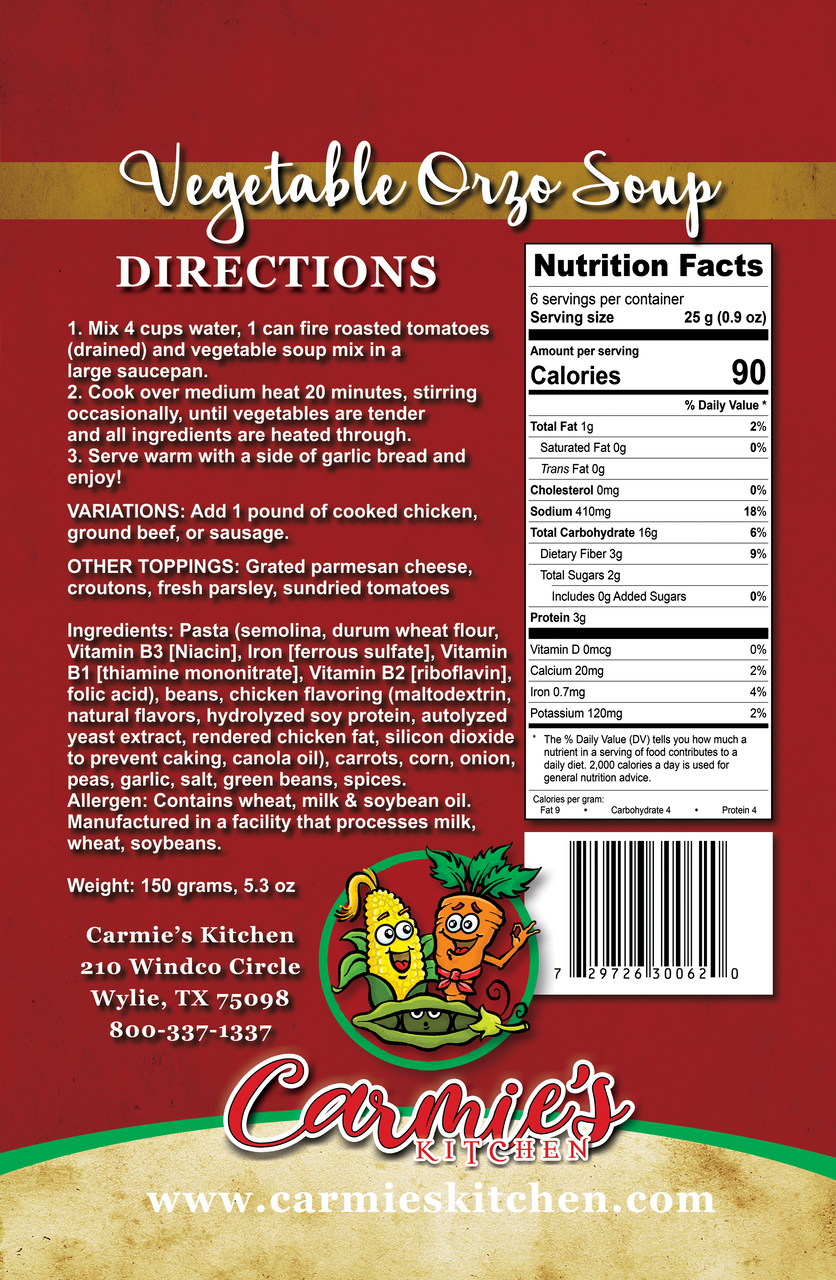 Nutrition facts and ingredients on the back of the package. For more information call 501-327-2182.