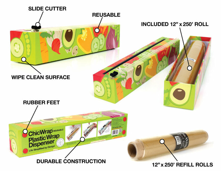 ChicWrap Lemon Plastic Wrap Dispenser with 12 x 250' Roll of Professional  Plastic Wrap - Reusable Dispenser with Slide Cutter