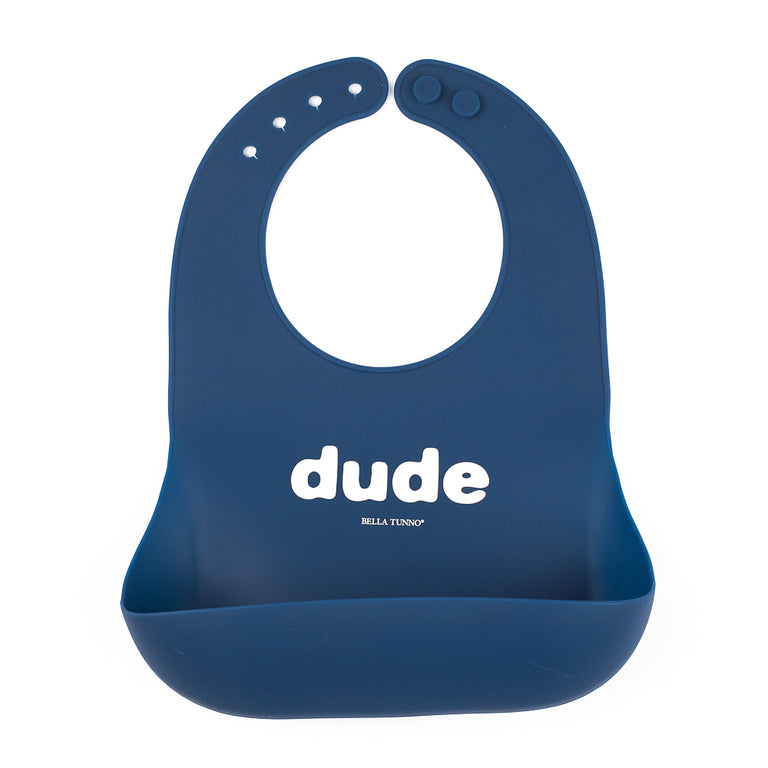 wonder bib with quote "dude" on a white background