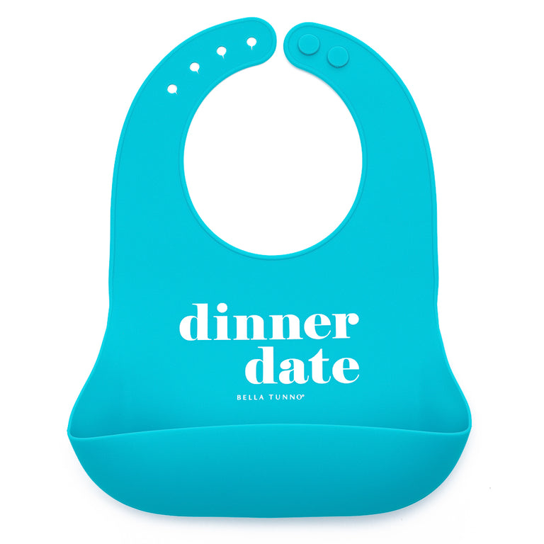 blue dinner date wonder bib on a white background